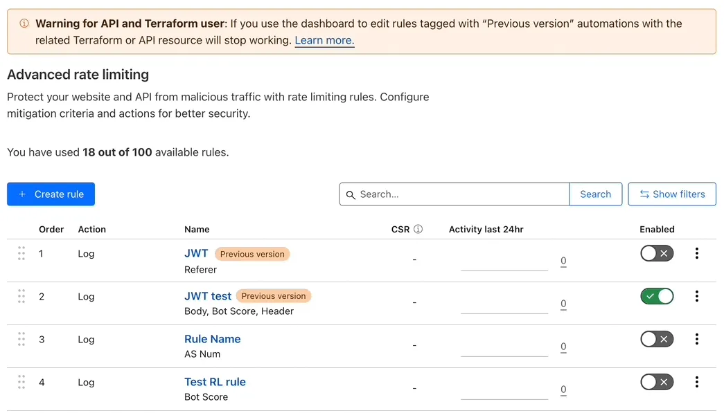 Rate limiting rules user interface showing two rules created in the previous version.
